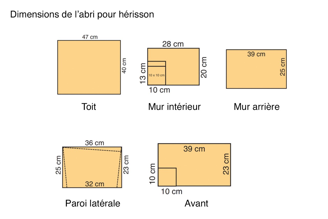 Schémas indiquant les dimensions de découpe du bois pour la construction d’un abri pour hérisson