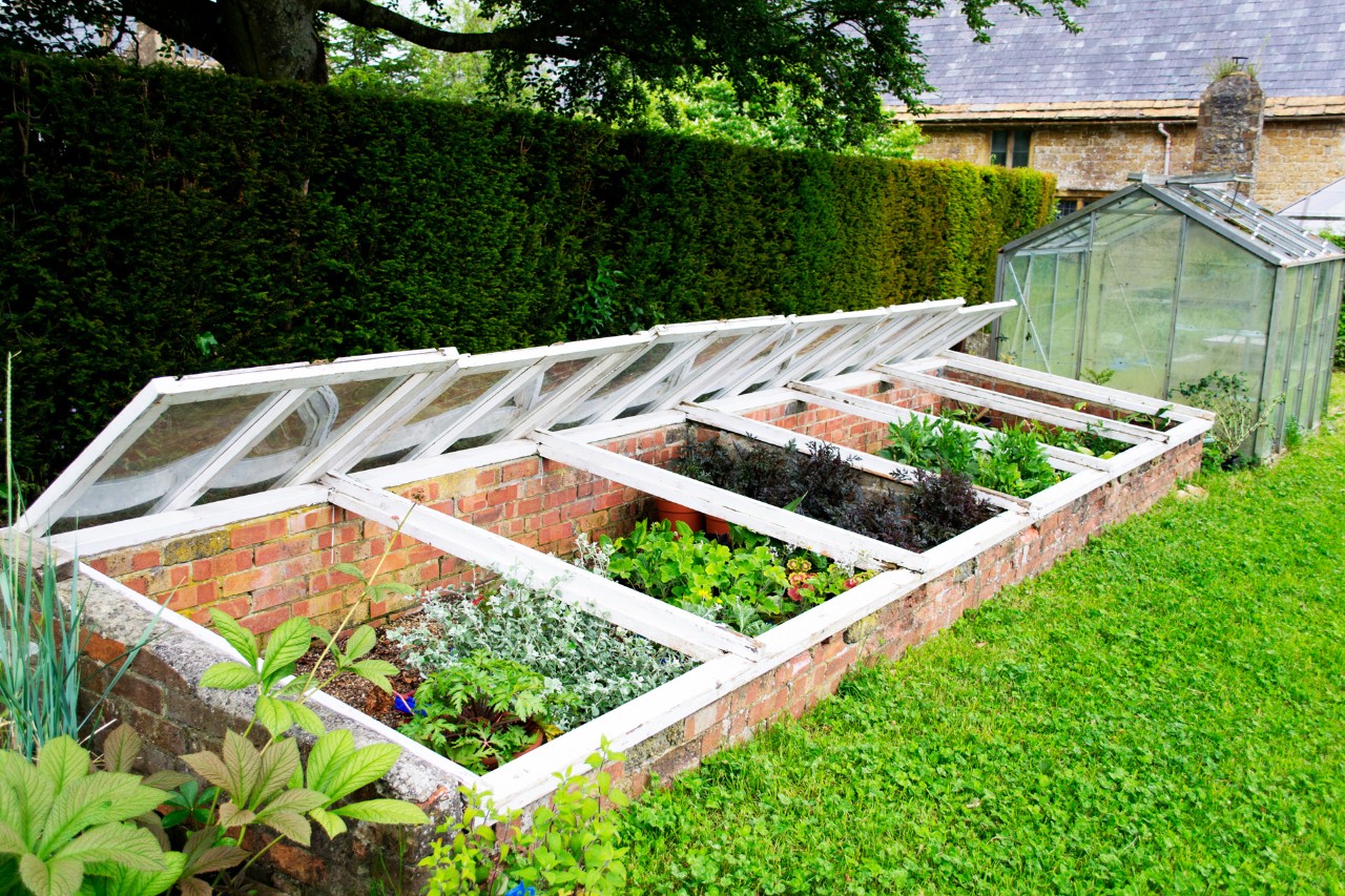 Zelfgebouwde kweekbak in een tuin