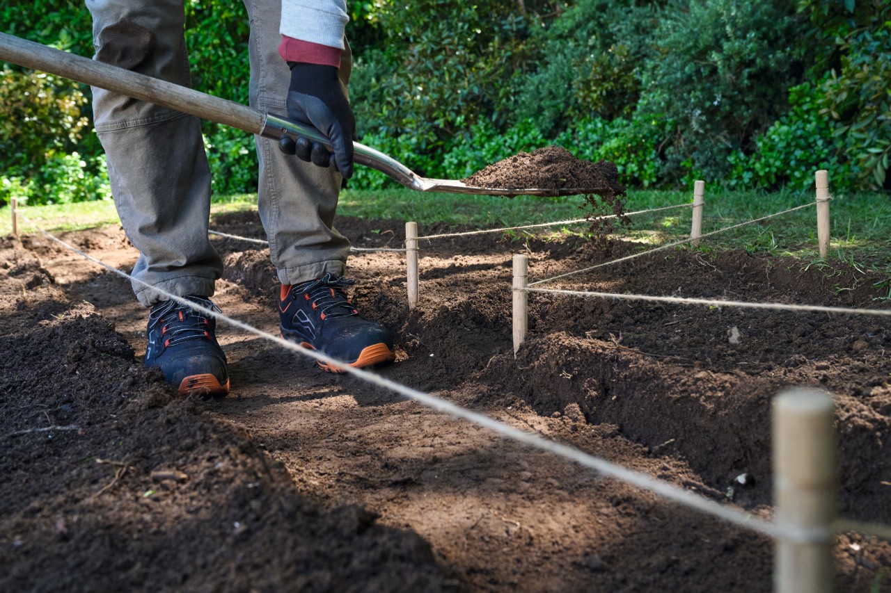 Een man graaft het hoofdpad uit met een spade
